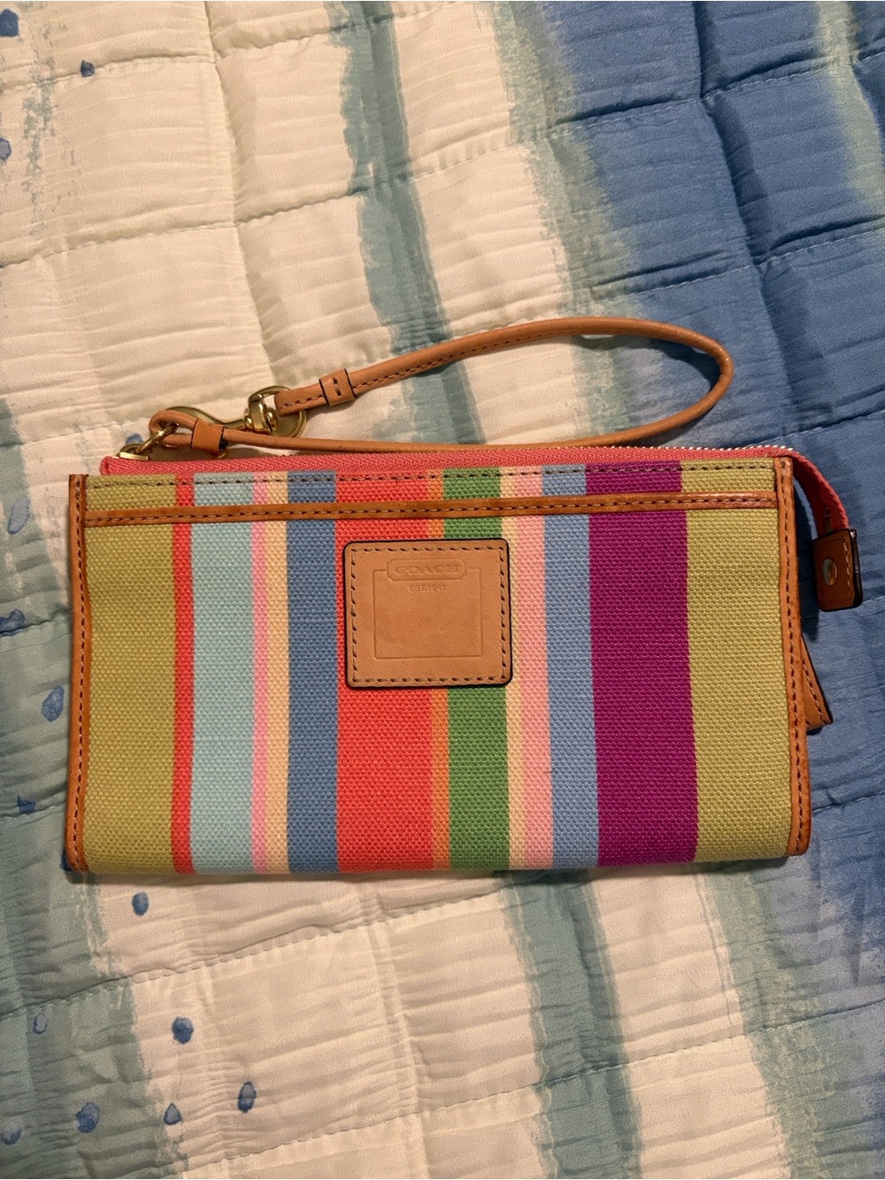 Coach Multicolor Stripe Large Zip Wallet Wristlet